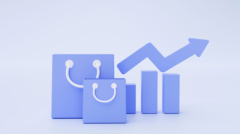 Shopping bag and graph bar with arrow e-commerce concept on blue background 3d illustration