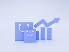 Shopping bag and graph bar with arrow e-commerce concept on blue background 3d illustration